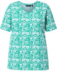 Ulla Popken Coral Reef Printed Short Sleeve V-Neck Tee Emerald