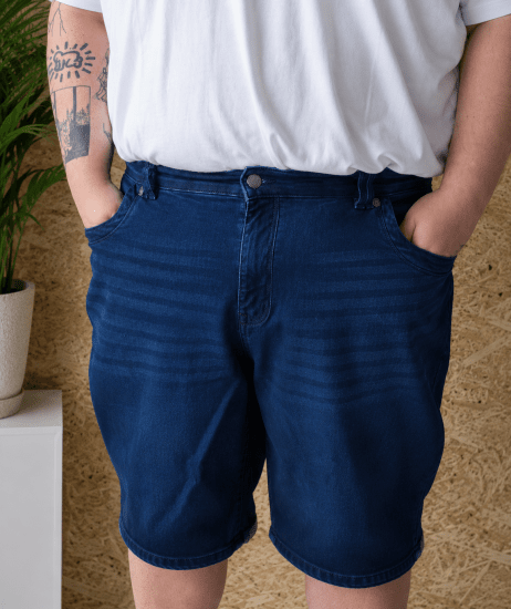 Kam Jeans Pepe Knitted Denim Shorts Random Mid Wash Blue - Kratke hlače - Moške Kratke Hlače za Močnejše Postave