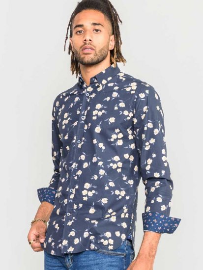 D555 Rooksey Floral Print Shirt Navy - Srajce - Moške srajce za Močnejše Postave
