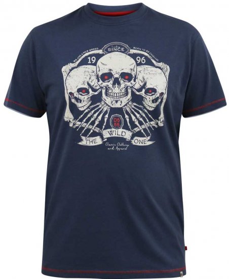 D555 COOK Trio Of Skulls Printed Crew Neck T-Shirt Slate Blue - Kratke Majice - Moške kratke majice za močnejše postave