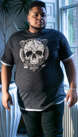 D555 DARREN Skull Printed T-Shirt With Double Layer On Hem & Cuff Black Reno - Kratke Majice - Moške kratke majice za močnejše postave