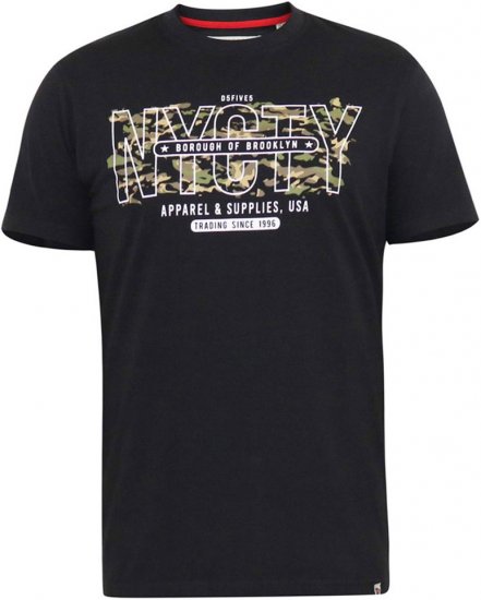 D555 EDWALTON NYCTY Camo Printed Crew Neck T-Shirt Washed Black - Kratke Majice - Moške kratke majice za močnejše postave