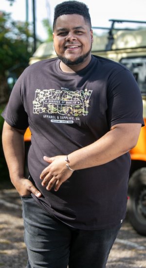 D555 EDWALTON NYCTY Camo Printed Crew Neck T-Shirt Washed Black - Kratke Majice - Moške kratke majice za močnejše postave