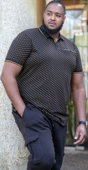 D555 RAUL AOP Jersey Polo With Jacquard Collar, Ribs And Chest Pocket Black - Polo majice - Moške Polo Majice za Močnejše Postave