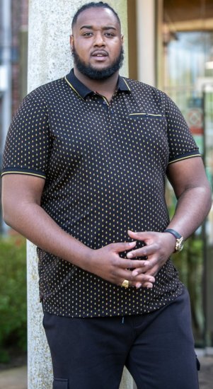 D555 RAUL AOP Jersey Polo With Jacquard Collar, Ribs And Chest Pocket Black - Polo majice - Moške Polo Majice za Močnejše Postave