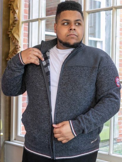 D555 ABERDARE Knitted Zip Through Sweater With Bonded Check Lining Charcoal Marl - Puloverji & jopice - Moški Puloverji & Jopice za Močnejše Postave