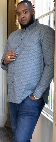 D555 MANGALA Geometric AOP Long Sleeve Shirt With Concealed Button Down Collar Navy - Srajce - Moške srajce za Močnejše Postave