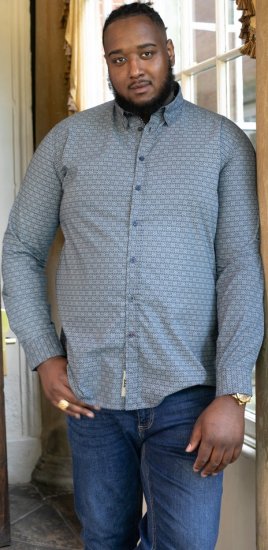 D555 MANGALA Geometric AOP Long Sleeve Shirt With Concealed Button Down Collar Navy - Srajce - Moške srajce za Močnejše Postave