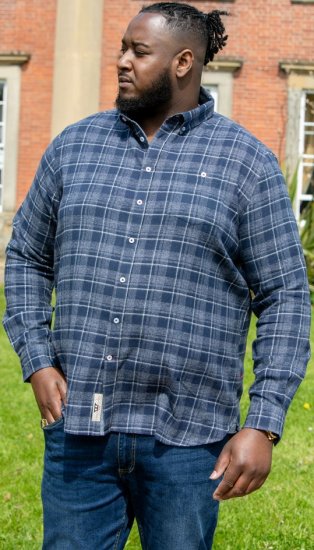 D555 SONNY Navy Check Long Sleeve Shirt With Chest Patch Pocket & Button Down Collar Navy Check - Srajce - Moške srajce za Močnejše Postave