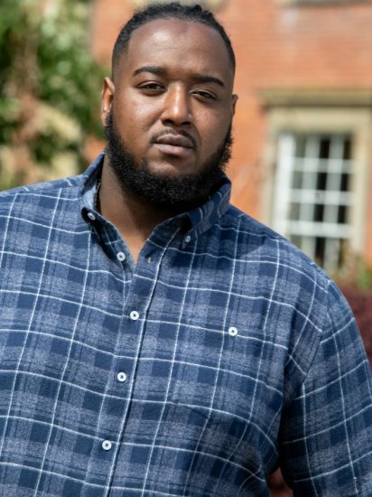 D555 SONNY Navy Check Long Sleeve Shirt With Chest Patch Pocket & Button Down Collar Navy Check - Srajce - Moške srajce za Močnejše Postave