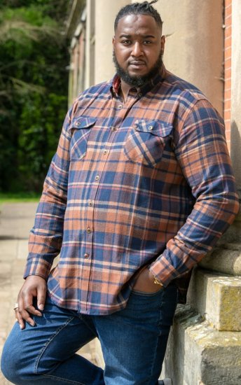 D555 SHERLOCK Check Overshirt With Two Patch Pockets & Button Down Collar Navy - Srajce - Moške srajce za Močnejše Postave