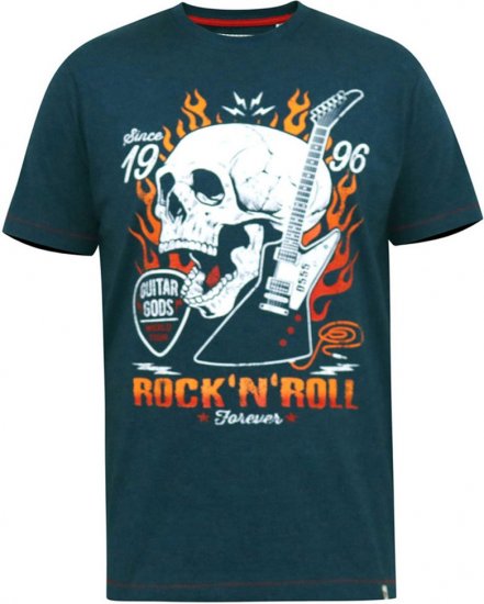 D555 NEAL Skull With Flames Printed Crew Neck T-Shirt Navy/Blue Twist - Kratke Majice - Moške kratke majice za močnejše postave