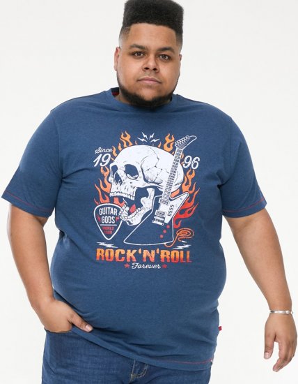 D555 NEAL Skull With Flames Printed Crew Neck T-Shirt Navy/Blue Twist - Kratke Majice - Moške kratke majice za močnejše postave