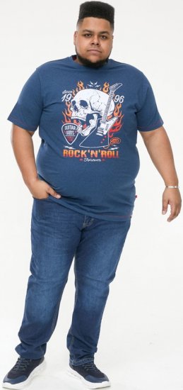 D555 NEAL Skull With Flames Printed Crew Neck T-Shirt Navy/Blue Twist - Kratke Majice - Moške kratke majice za močnejše postave
