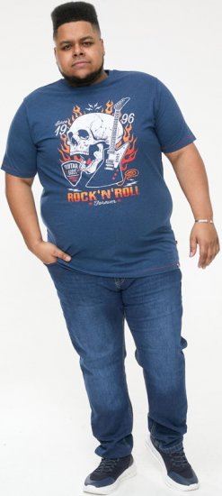 D555 NEAL Skull With Flames Printed Crew Neck T-Shirt Navy/Blue Twist - Kratke Majice - Moške kratke majice za močnejše postave