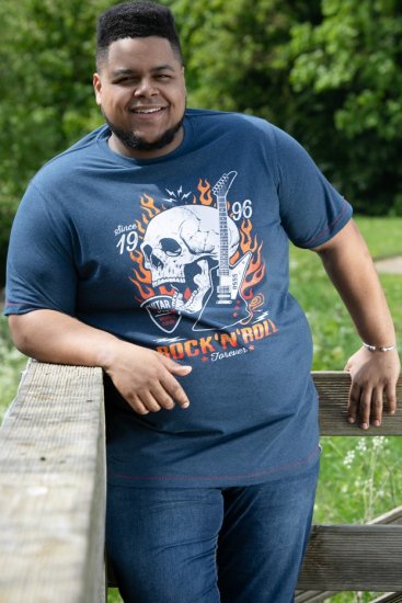 D555 NEAL Skull With Flames Printed Crew Neck T-Shirt Navy/Blue Twist - Kratke Majice - Moške kratke majice za močnejše postave