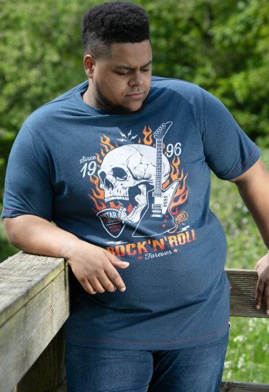 D555 NEAL Skull With Flames Printed Crew Neck T-Shirt Navy/Blue Twist - Kratke Majice - Moške kratke majice za močnejše postave