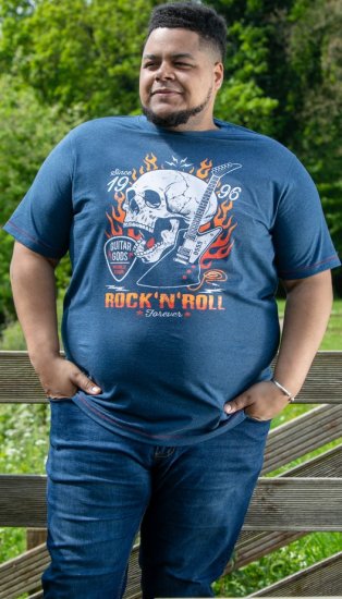 D555 NEAL Skull With Flames Printed Crew Neck T-Shirt Navy/Blue Twist - Kratke Majice - Moške kratke majice za močnejše postave