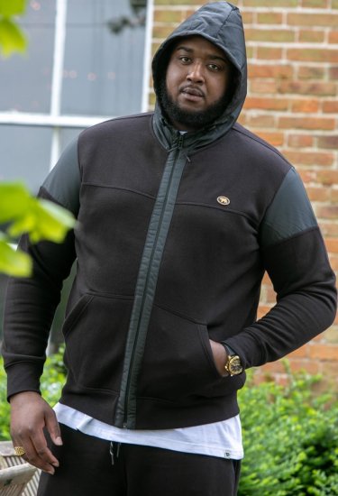 D555 DEAN Couture Zip Through Hoody With Woven Contrast Fabric Trim Black - Puloverji & jopice - Moški Puloverji & Jopice za Močnejše Postave