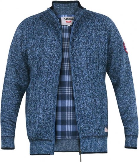 D555 ECCLES Cable Knitted Zip Through Sweater With Bonded Check Lining Denim Marl - Puloverji & jopice - Moški Puloverji & Jopice za Močnejše Postave