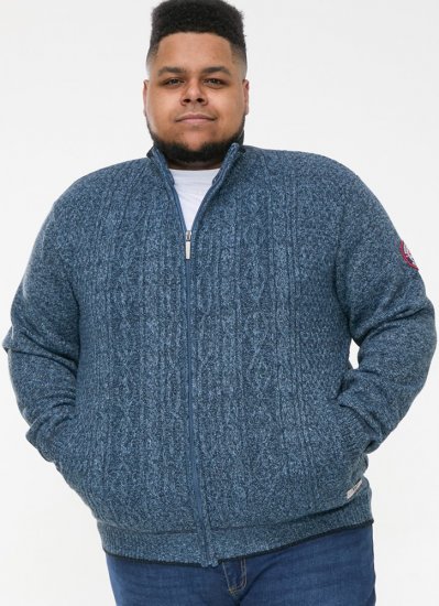 D555 ECCLES Cable Knitted Zip Through Sweater With Bonded Check Lining Denim Marl - Puloverji & jopice - Moški Puloverji & Jopice za Močnejše Postave