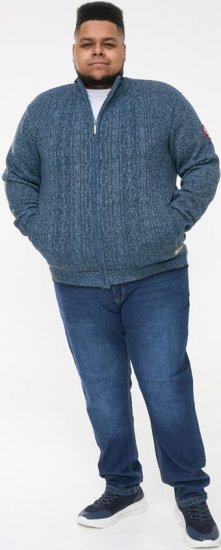 D555 ECCLES Cable Knitted Zip Through Sweater With Bonded Check Lining Denim Marl - Puloverji & jopice - Moški Puloverji & Jopice za Močnejše Postave