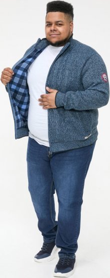 D555 ECCLES Cable Knitted Zip Through Sweater With Bonded Check Lining Denim Marl - Puloverji & jopice - Moški Puloverji & Jopice za Močnejše Postave