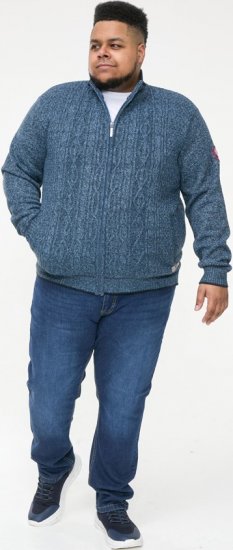 D555 ECCLES Cable Knitted Zip Through Sweater With Bonded Check Lining Denim Marl - Puloverji & jopice - Moški Puloverji & Jopice za Močnejše Postave