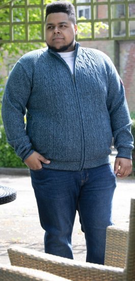 D555 ECCLES Cable Knitted Zip Through Sweater With Bonded Check Lining Denim Marl - Puloverji & jopice - Moški Puloverji & Jopice za Močnejše Postave
