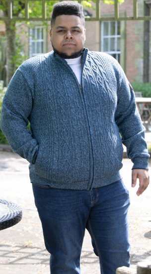 D555 ECCLES Cable Knitted Zip Through Sweater With Bonded Check Lining Denim Marl - Puloverji & jopice - Moški Puloverji & Jopice za Močnejše Postave