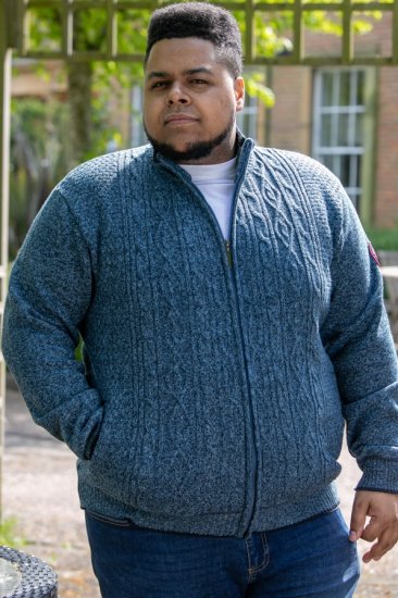 D555 ECCLES Cable Knitted Zip Through Sweater With Bonded Check Lining Denim Marl - Puloverji & jopice - Moški Puloverji & Jopice za Močnejše Postave