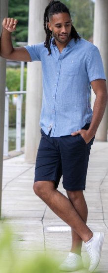 D555 Falmouth 1 Linen Mix Short Sleeve Shirt With Button Down Blue - Srajce - Moške srajce za Močnejše Postave