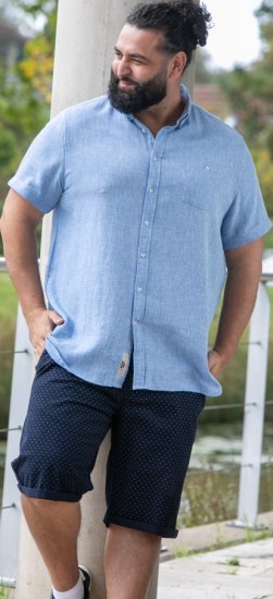 D555 Falmouth 1 Linen Mix Short Sleeve Shirt With Button Down Blue - Srajce - Moške srajce za Močnejše Postave