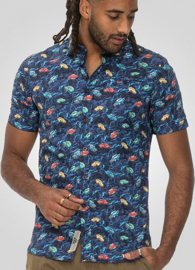 D555 Hartlepool Short Sleeve Vintage Car AOP Stretch Shirt Blue - Srajce - Moške srajce za Močnejše Postave