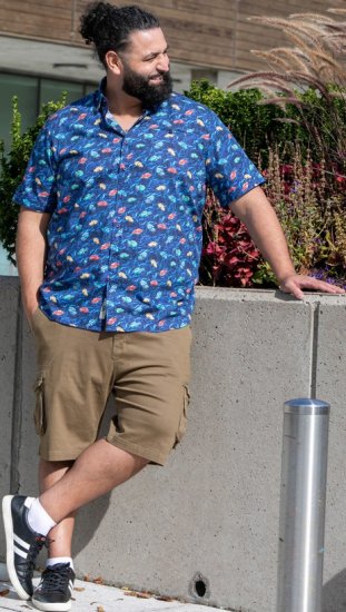 D555 Hartlepool Short Sleeve Vintage Car AOP Stretch Shirt Blue - Srajce - Moške srajce za Močnejše Postave