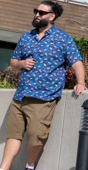 D555 Hartlepool Short Sleeve Vintage Car AOP Stretch Shirt Blue - Srajce - Moške srajce za Močnejše Postave