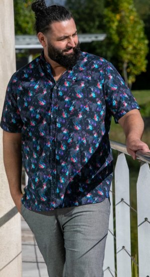 D555 Farnborough Short Sleeve Guitar AOP Shirt With Hidden Button Down Black - Srajce - Moške srajce za Močnejše Postave