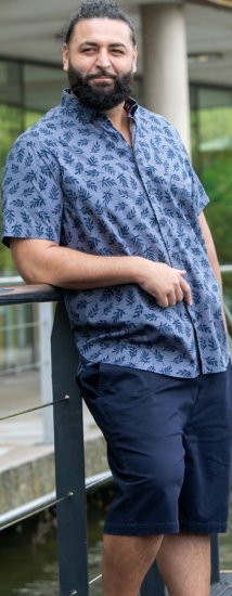D555 Kettering Hawaiian Leaf AOP Short Sleeve Button Down Collar Shirt Denim - Srajce - Moške srajce za Močnejše Postave