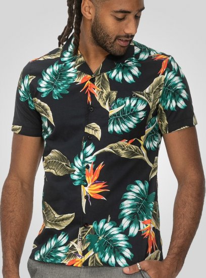 D555 Selby Hawaiian AOP Short Sleeve Revere Collar Shirt Black - Srajce - Moške srajce za Močnejše Postave