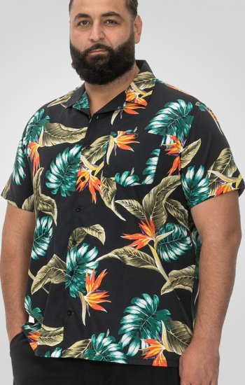 D555 Selby Hawaiian AOP Short Sleeve Revere Collar Shirt Black - Srajce - Moške srajce za Močnejše Postave