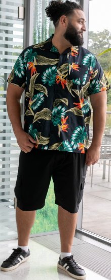 D555 Selby Hawaiian AOP Short Sleeve Revere Collar Shirt Black - Srajce - Moške srajce za Močnejše Postave