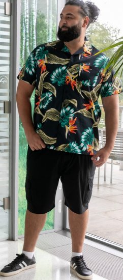 D555 Selby Hawaiian AOP Short Sleeve Revere Collar Shirt Black - Srajce - Moške srajce za Močnejše Postave