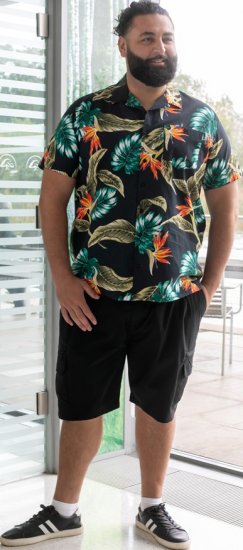 D555 Selby Hawaiian AOP Short Sleeve Revere Collar Shirt Black - Srajce - Moške srajce za Močnejše Postave