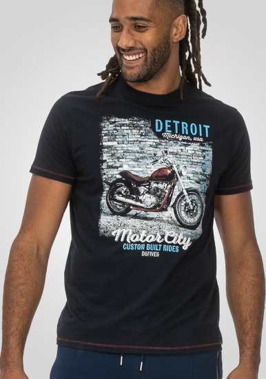 D555 Knowle Detroit Motor Bike Printed Crew Neck T-Shirt Navy - Kratke Majice - Moške kratke majice za močnejše postave