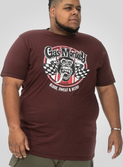 D555 Loughborough Official Gas Monkey Crew Neck T-Shirt Burgundy Black Twist - Kratke Majice - Moške kratke majice za močnejše postave
