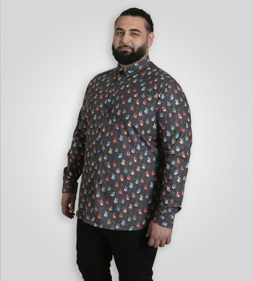 D555 Wakefield Long Sleeve AOP Guitar Printed Shirt Grey - Srajce - Moške srajce za Močnejše Postave