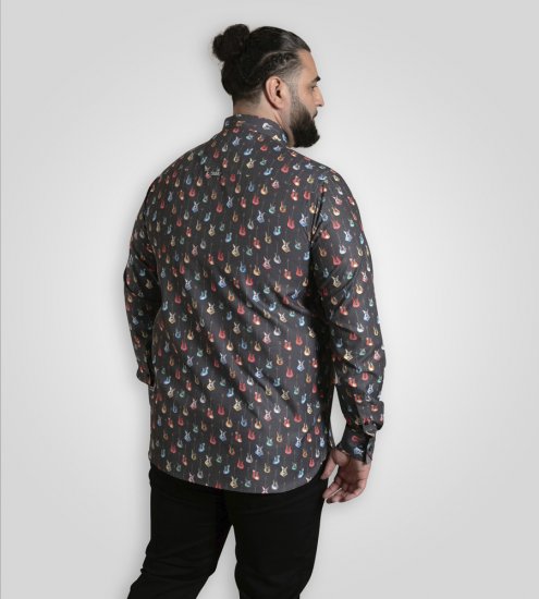 D555 Wakefield Long Sleeve AOP Guitar Printed Shirt Grey - Srajce - Moške srajce za Močnejše Postave