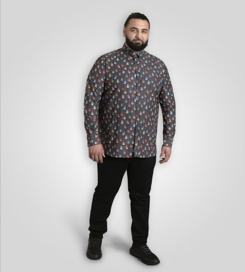 D555 Wakefield Long Sleeve AOP Guitar Printed Shirt Grey - Srajce - Moške srajce za Močnejše Postave