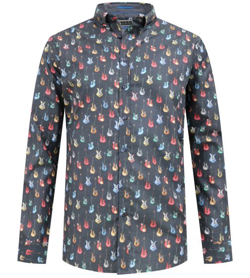 D555 Wakefield Long Sleeve AOP Guitar Printed Shirt Grey - Srajce - Moške srajce za Močnejše Postave