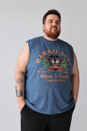 Kam Jeans 5763 Hawaii Surf Vest Vintage Indigo - Kratke Majice - Moške kratke majice za močnejše postave